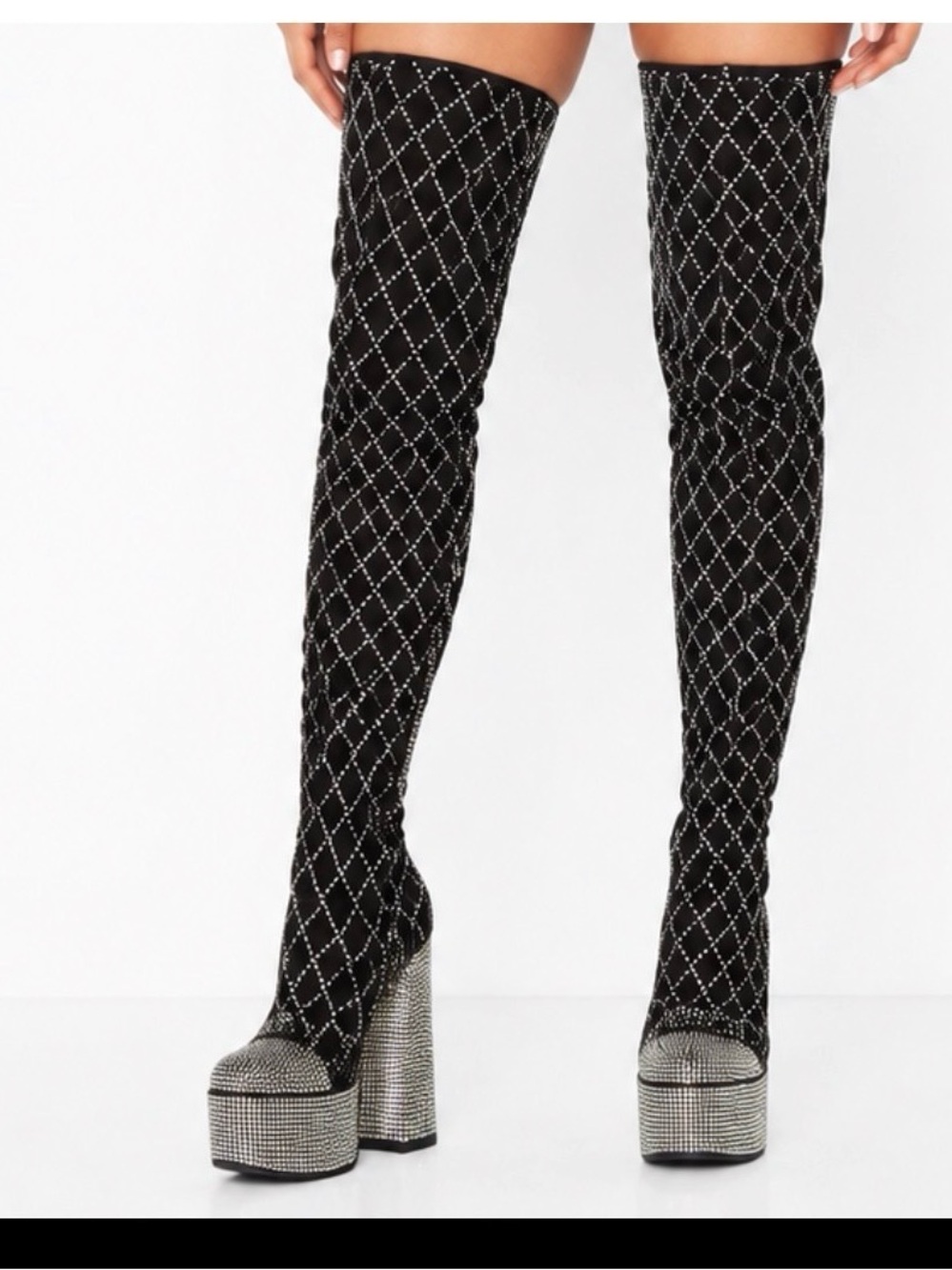 Gorgeous Black Crystal-Studded Over-the-Knee Platform Boots